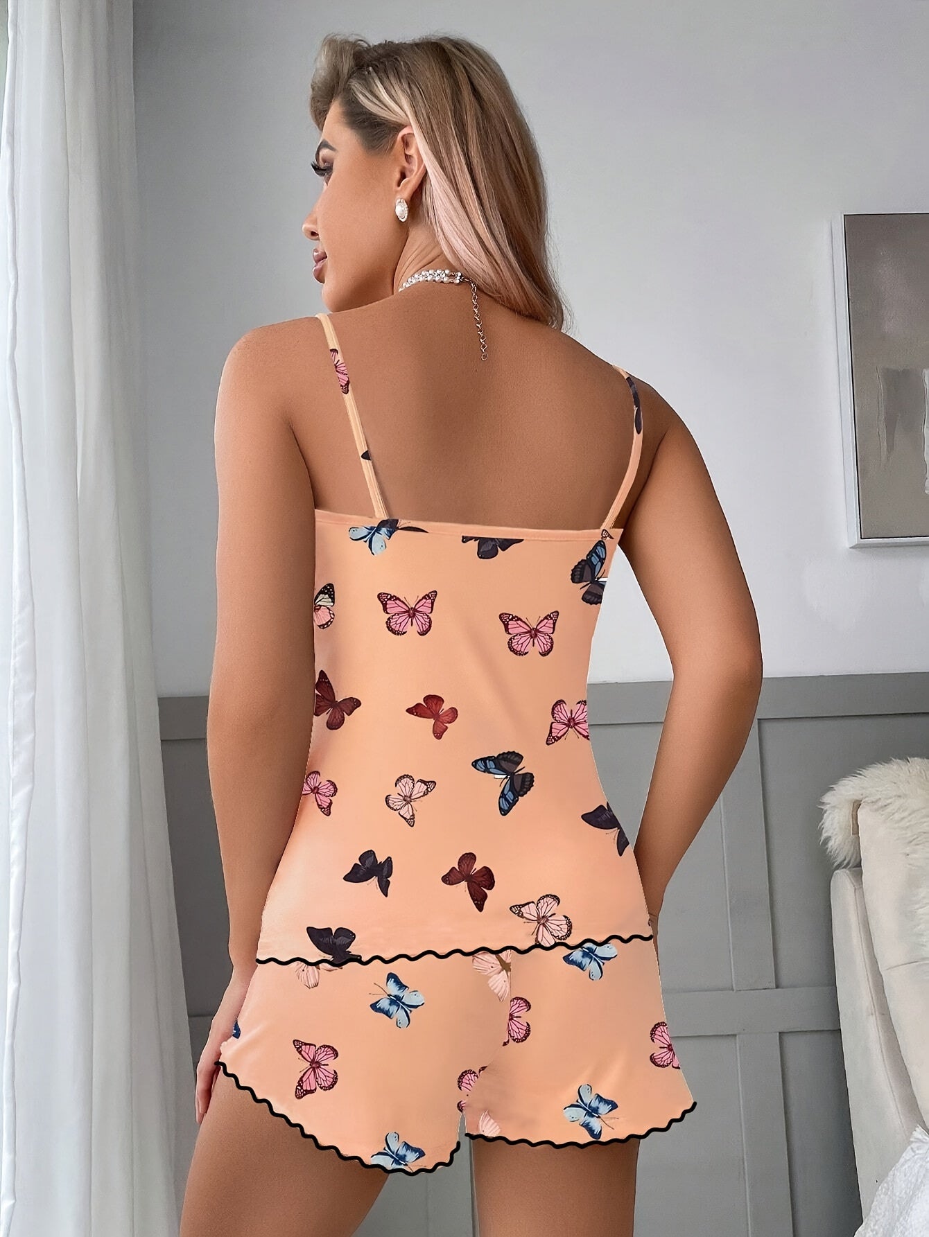 Elegant  Butterfly Print Women's Clothing Set with Tie-Front Shorts - comfortable & sexy & fashion  , Perfect for All Seasons .