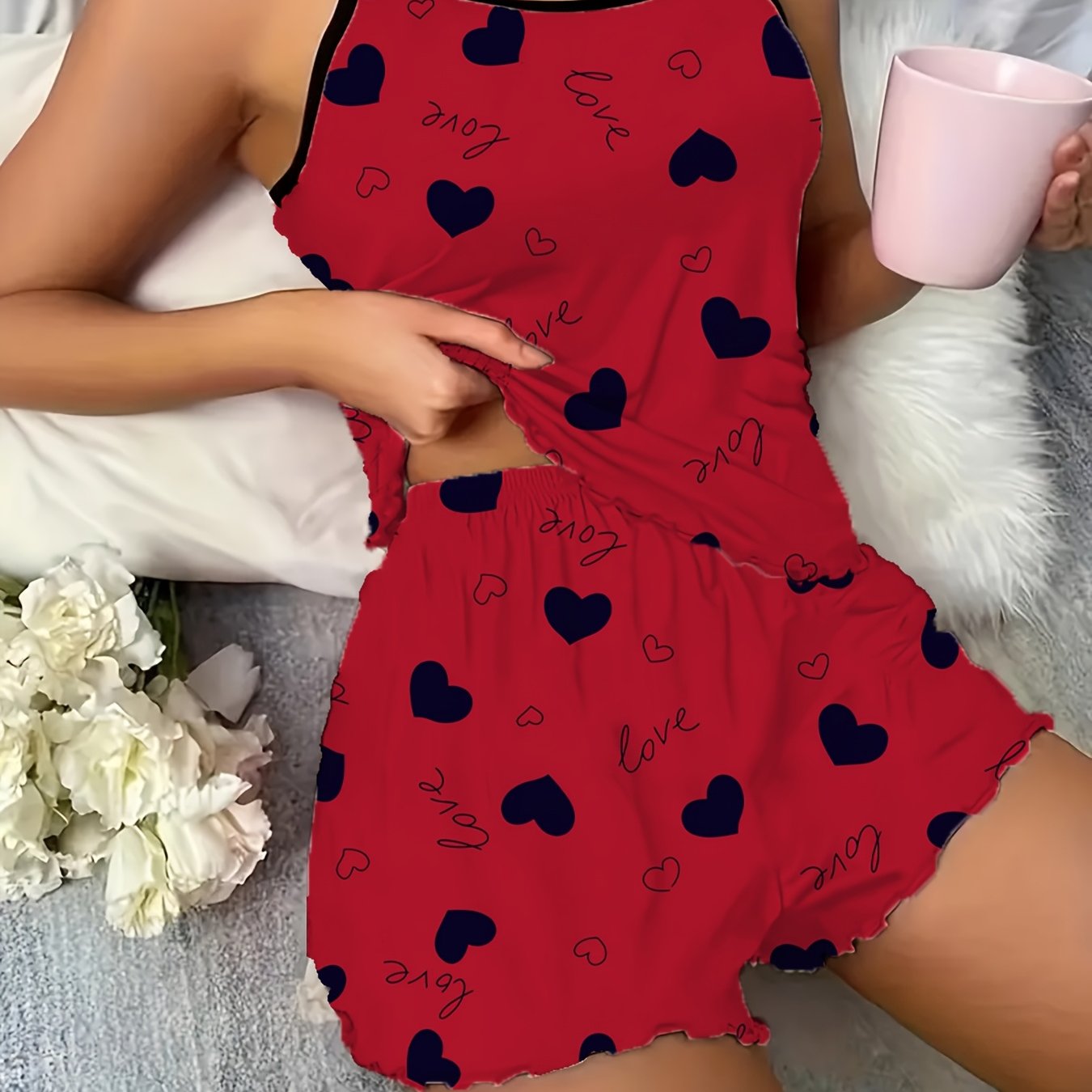 Fashion Heart Print Women's Pajama Set , Machine Washable , comfort & sleepwear & nice materiel .