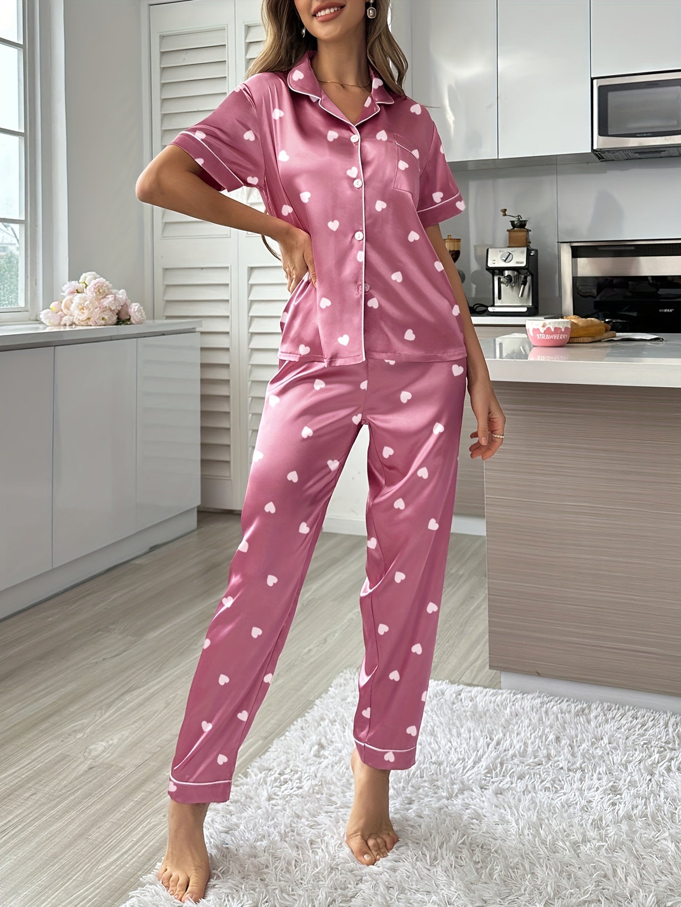 Sophia Heart Print Satin Pajama Set, Casual Short Sleeve Button Up Lapel Collar Top &  comfortable, Women's Sleepwear & Loungewear .