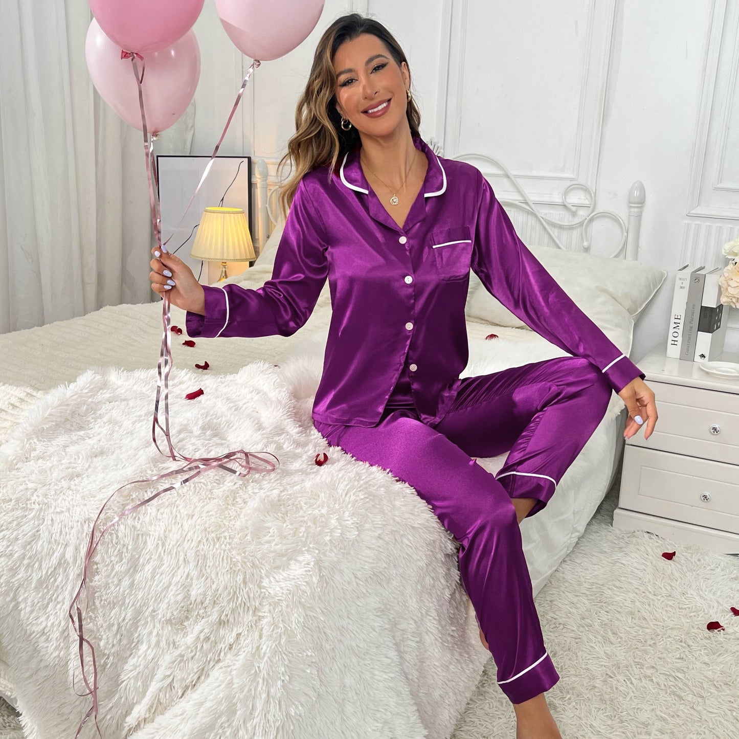 Maria  Pajama Set for Women - Cozy Long Sleeve Top with Pocket & Soft Elastic Waist Pants  & comfortable & fashion  , sleepwear .