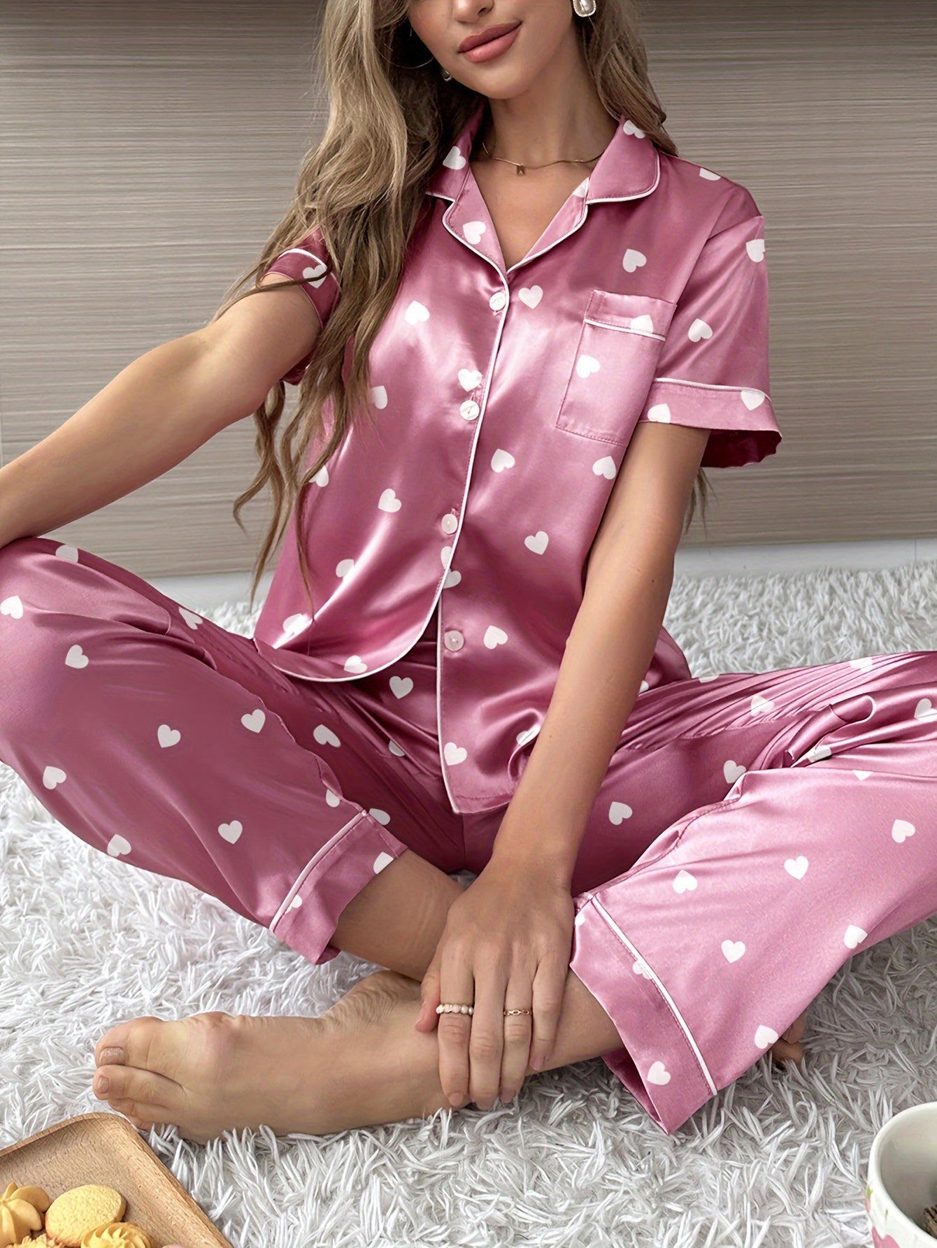 Sophia Heart Print Satin Pajama Set, Casual Short Sleeve Button Up Lapel Collar Top &  comfortable, Women's Sleepwear & Loungewear .