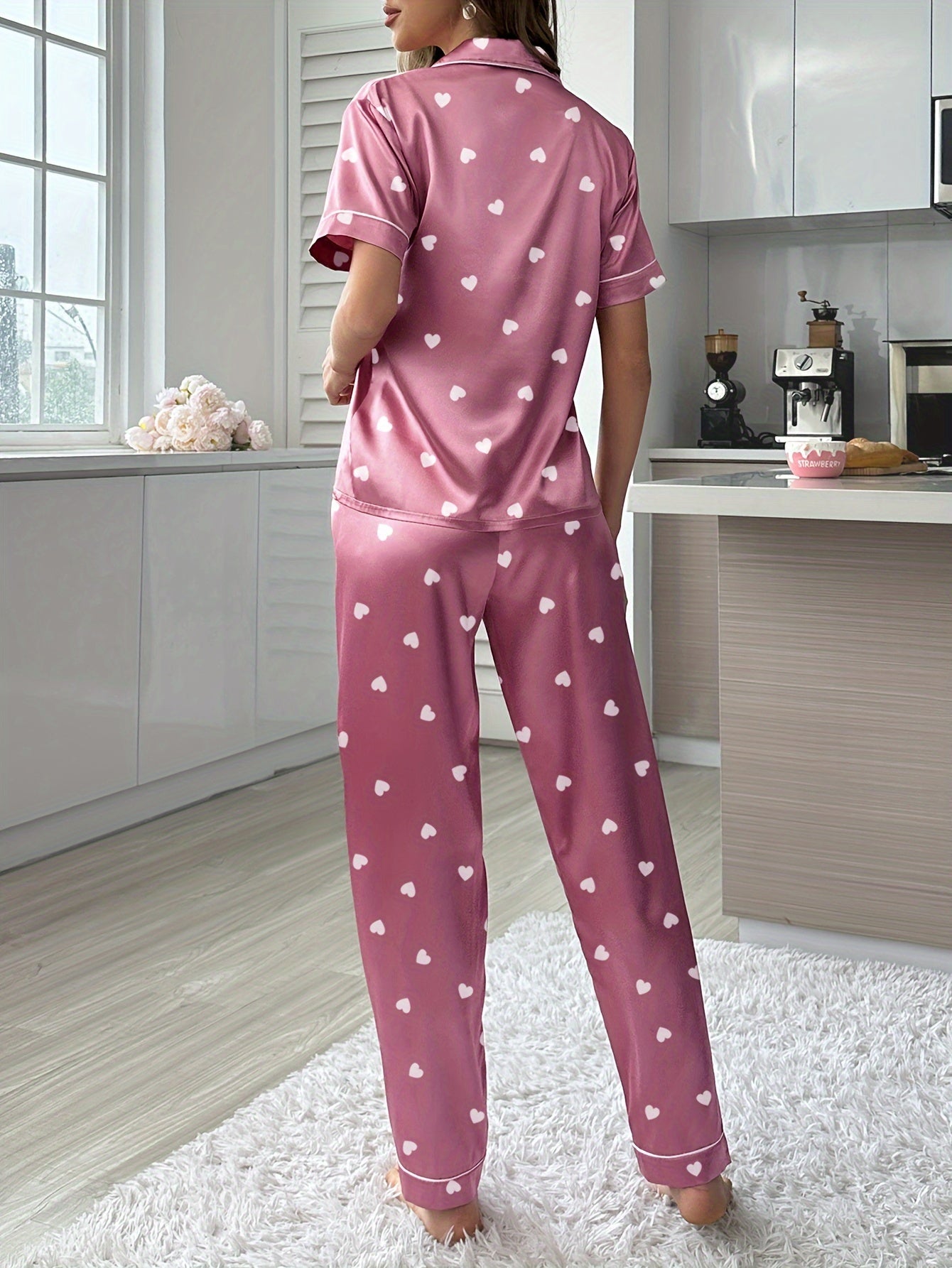 Sophia Heart Print Satin Pajama Set, Casual Short Sleeve Button Up Lapel Collar Top &  comfortable, Women's Sleepwear & Loungewear .