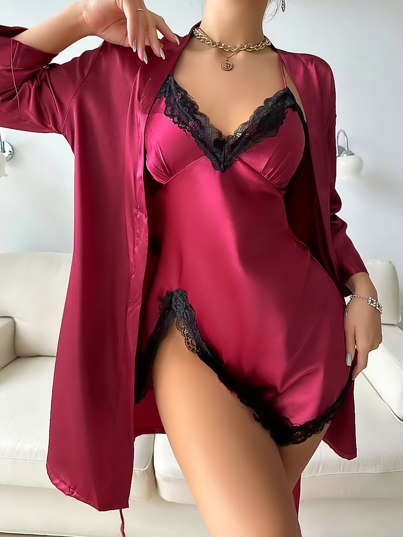 Sexy Sleep Set: Chic Belted Robe & V-Neck Dress, Breathable All-Season Women’s Loungewear , fashion , sexy .