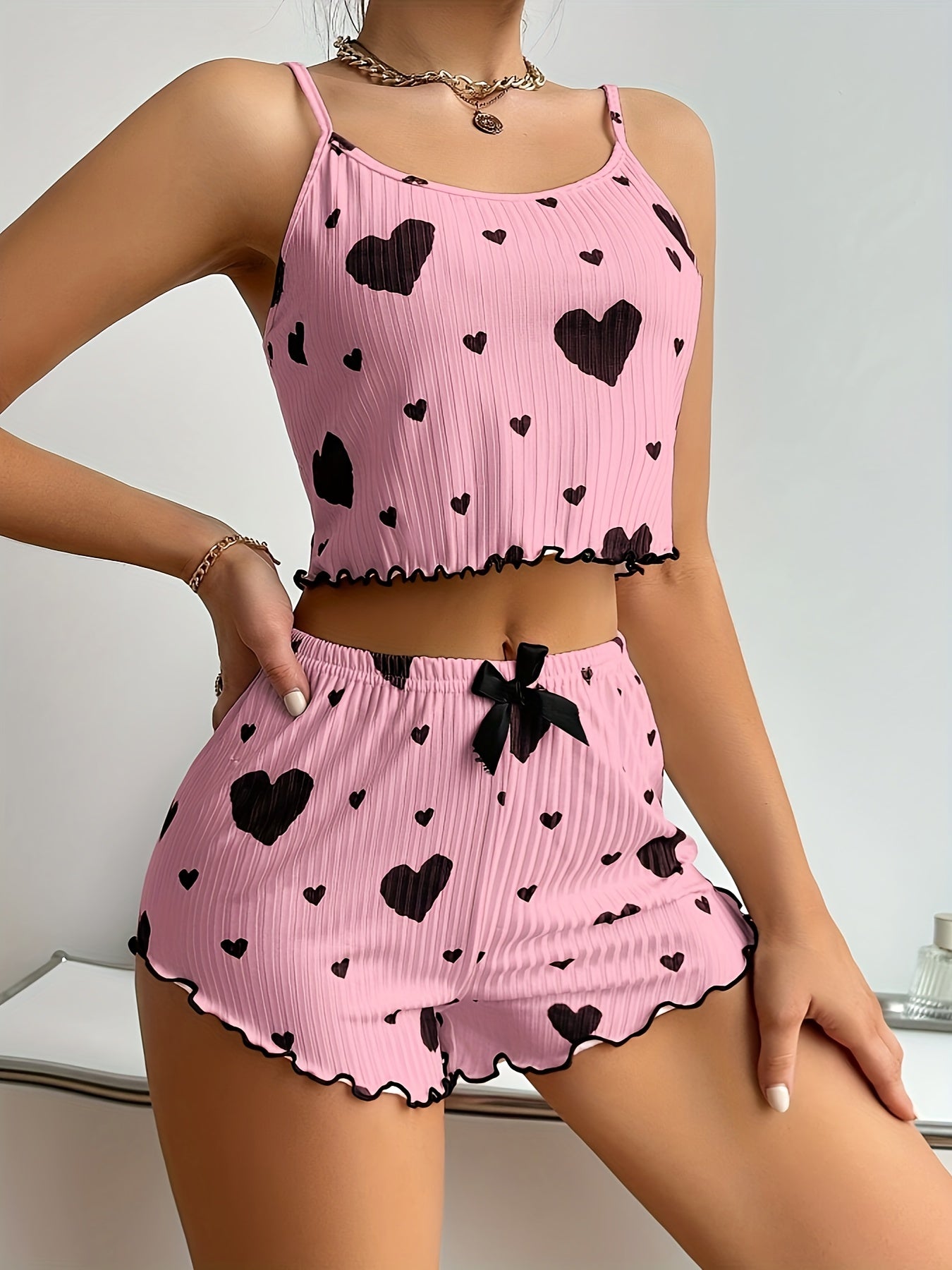 Ariana Sexy Heart Print Pajama Set - Relaxed Fit Round Neck Backless Crop - Comfortable Summer Nightwear ,fashion ,sexy 2025 .