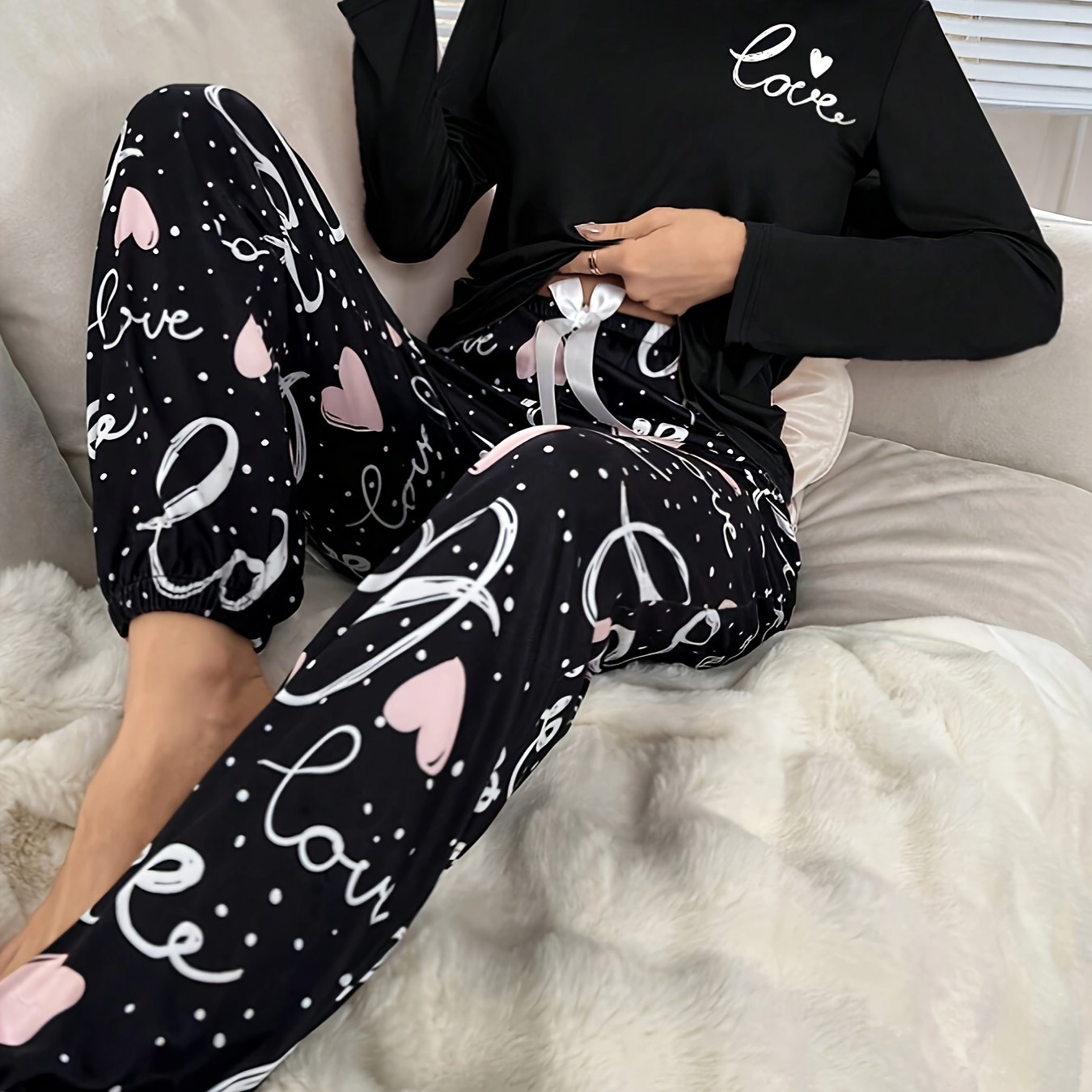 Long Sleeve Pajama with love heart  Set for Women , All-Season Comfort .