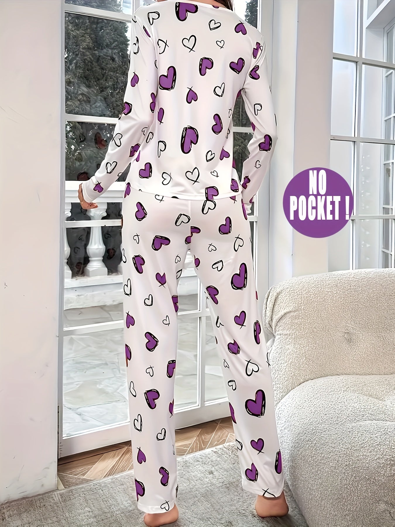 Ladies Heart Print Casual Pajama Set, Long Sleeve Round Neck Top & Pants, Comfortable Relaxed Fit For Fall sessions .