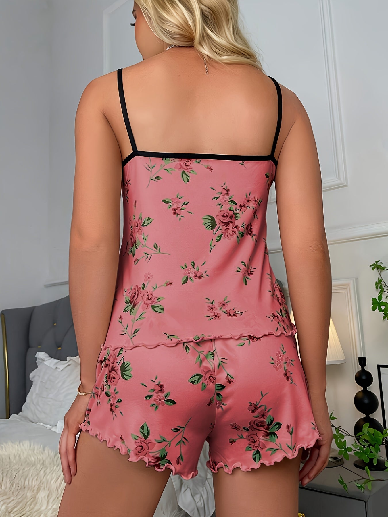 Ladies  Floral Print Frill Trim Casual Pajama Set, Round Neck Backless Cami Top & Shorts, Comfortable Relaxed Fit , fashion,  sexy sleepwear .