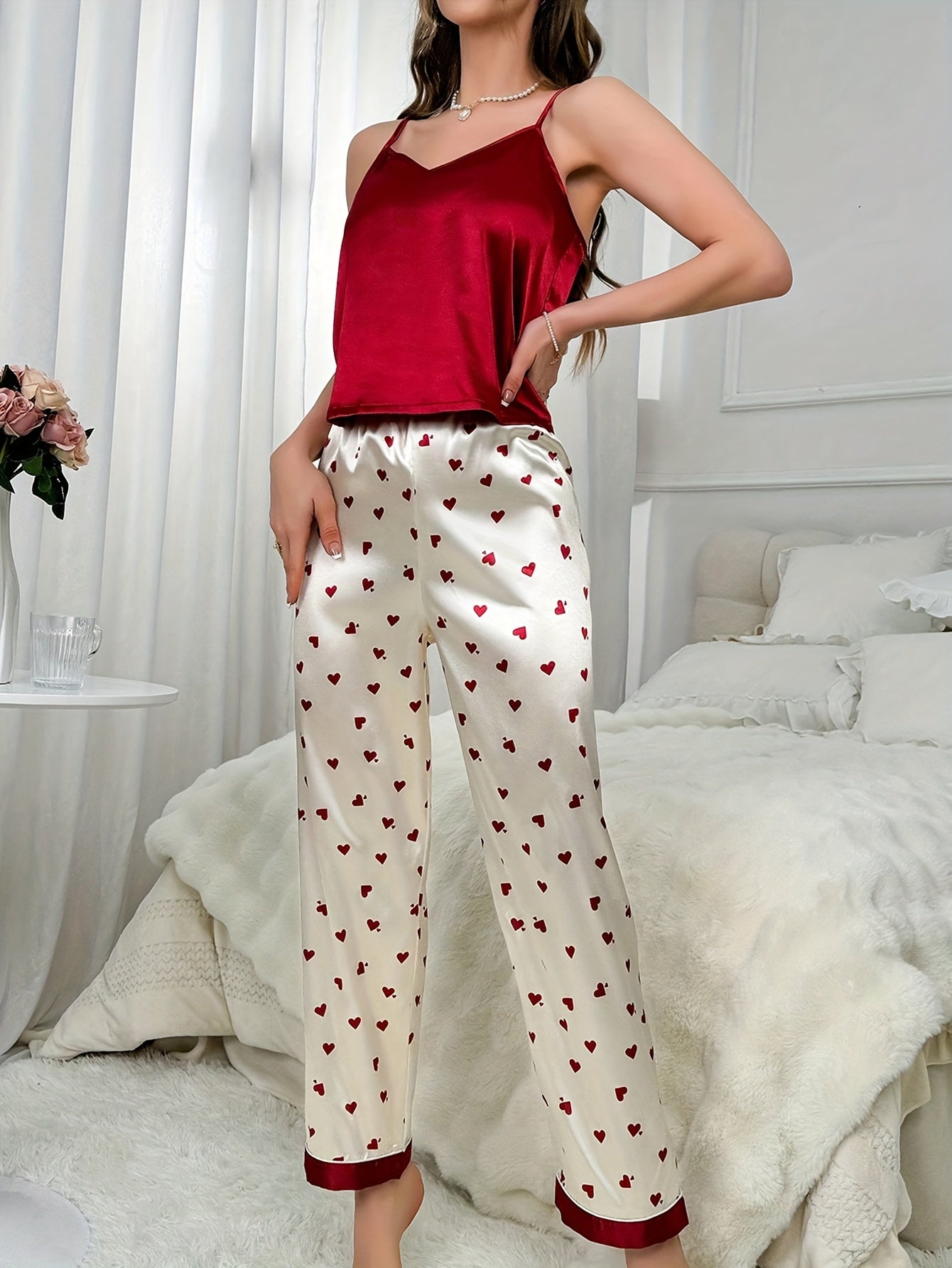 Elegant Heart Print Satin Pajama Set, Elegant V Neck Backless Cami Top & Elastic Pants, Women's Sleepwear , comfort and sexy .