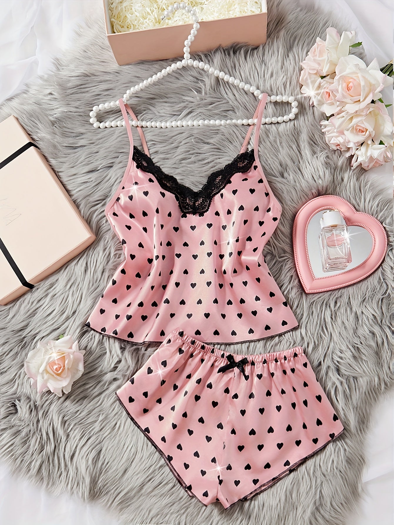 Womans 2pcs Love Print Gown Set with Lace Top and Bow Shorts Women's Pajamas and Loungewear , sexy , fashion ,comfey .