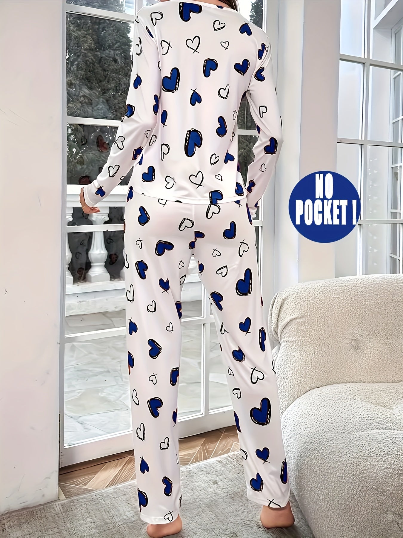 Ladies Heart Print Casual Pajama Set, Long Sleeve Round Neck Top & Pants, Comfortable Relaxed Fit For Fall sessions .