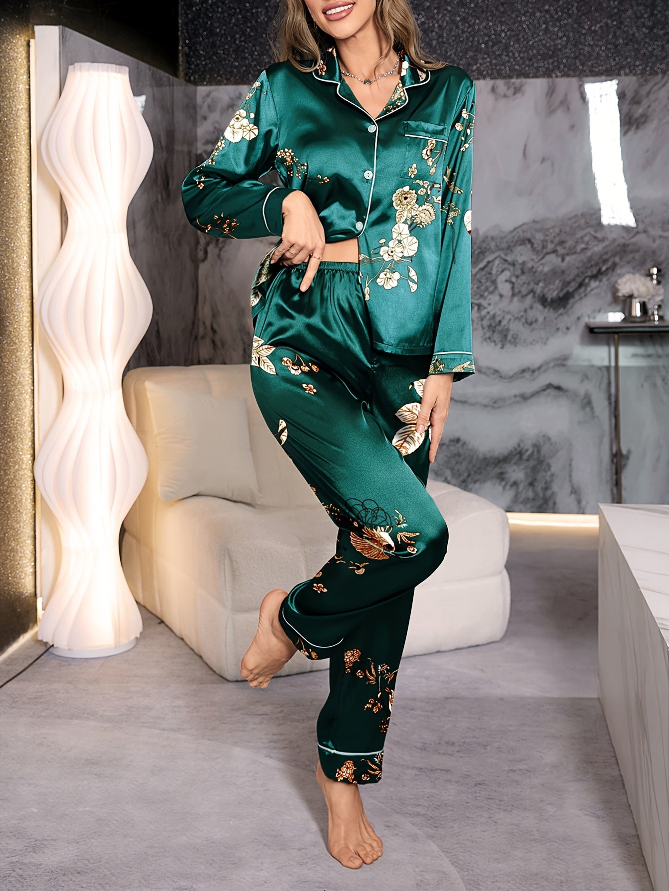 Carmen Satin Casual Pajama Set, Long Sleeve Buttons Lapel Top & Pants, Comfortable & sexy and sleepwear .