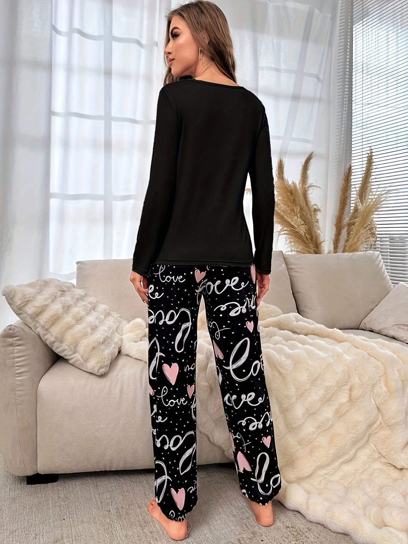 Long Sleeve Pajama with love heart  Set for Women , All-Season Comfort .