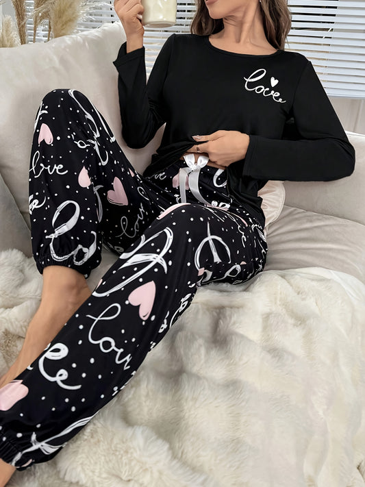 Long Sleeve Pajama with love heart  Set for Women , All-Season Comfort .