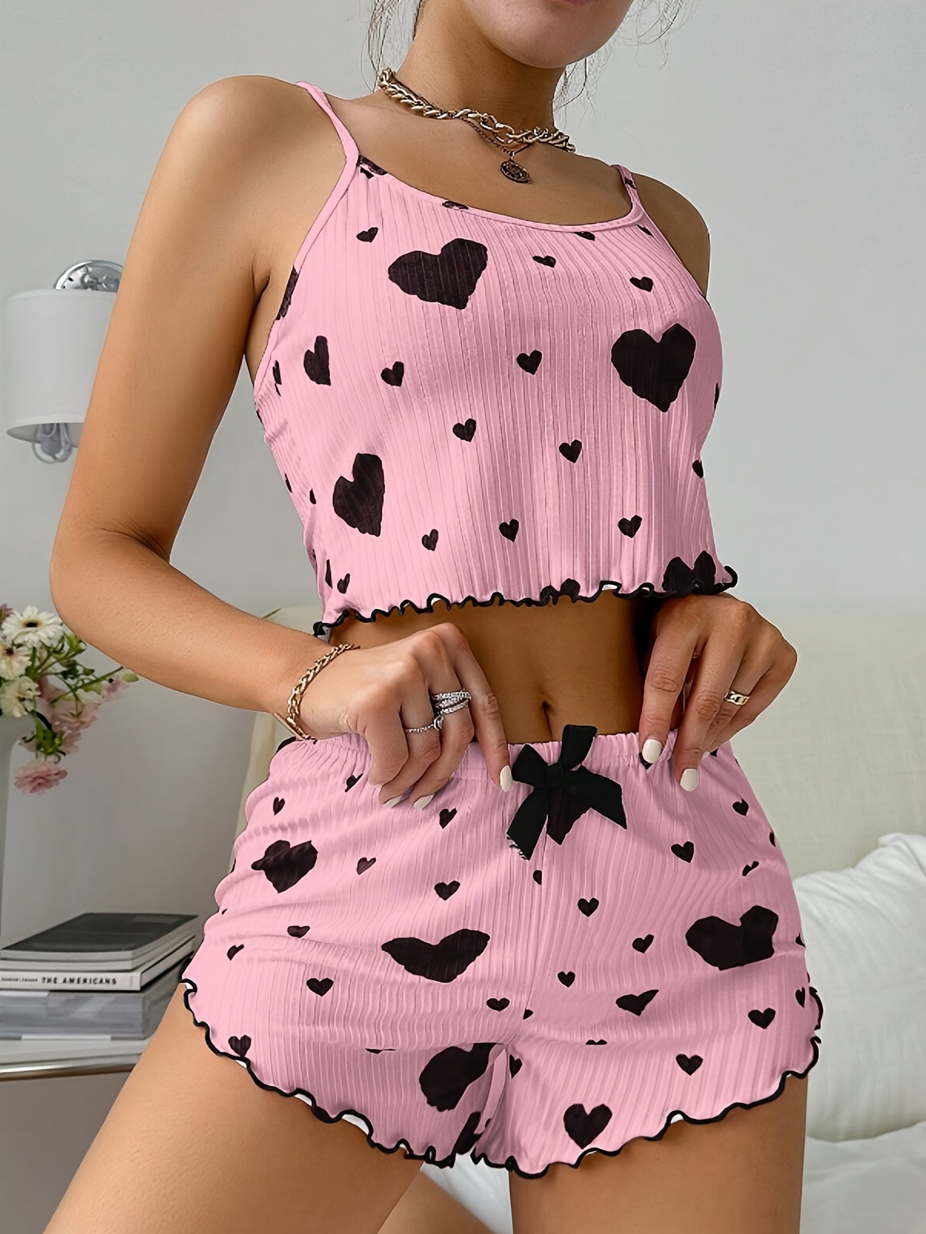 Ariana Sexy Heart Print Pajama Set - Relaxed Fit Round Neck Backless Crop - Comfortable Summer Nightwear ,fashion ,sexy 2025 .