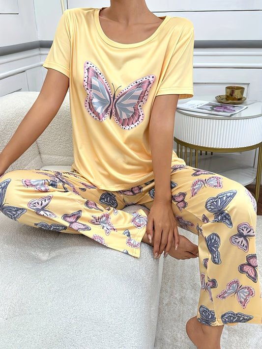 New style Butterfly Print Pajama Set, Crew Neck Short Sleeve Top and Long Pants, Comfortable All-Season Sleepwear , comfortable ,