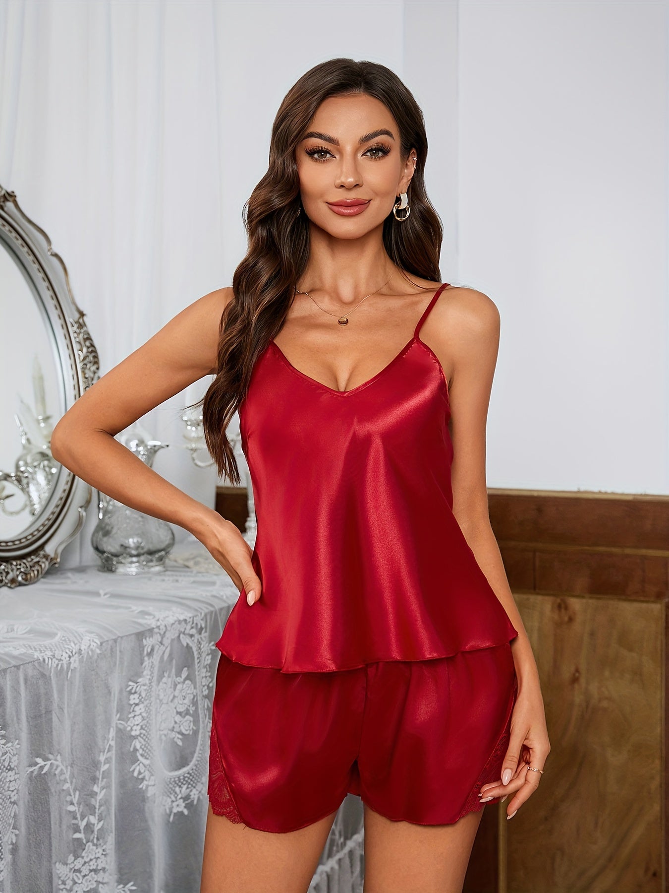 womans Solid Satin Contrast Lace Pajama Set, Sexy V Neck , vey fashion  , comfey , Women's Sleepwear