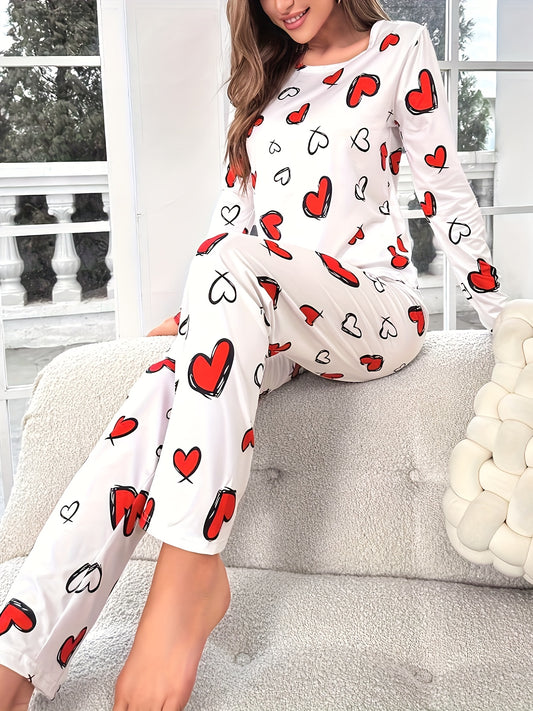 Ladies Heart Print Casual Pajama Set, Long Sleeve Round Neck Top & Pants, Comfortable Relaxed Fit For Fall sessions .