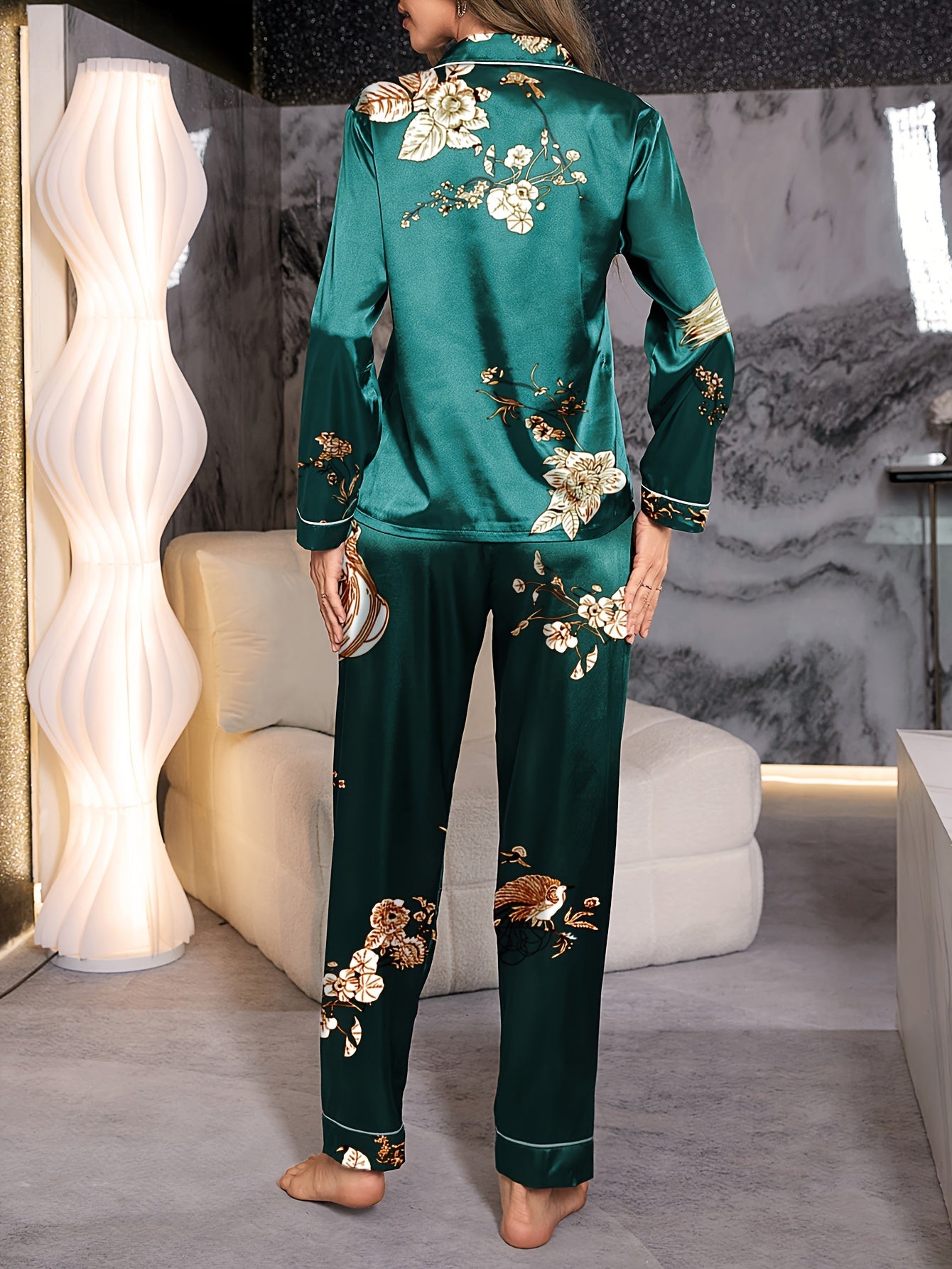 Carmen Satin Casual Pajama Set, Long Sleeve Buttons Lapel Top & Pants, Comfortable & sexy and sleepwear .