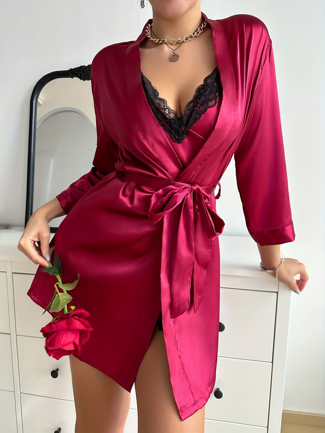 Sexy Sleep Set: Chic Belted Robe & V-Neck Dress, Breathable All-Season Women’s Loungewear , fashion , sexy .