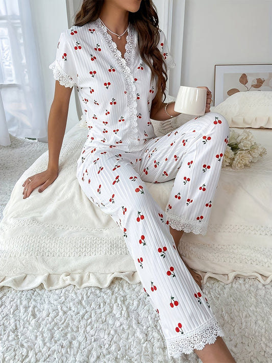 Luna  Women's Pajama Set with Lace Trim - V-Neck, Short & Long Sleeve, Cherry Print , Machine Washable, Cross, Home Wear , sleepwear .