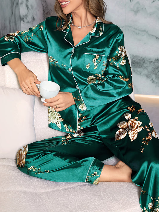 Carmen Satin Casual Pajama Set, Long Sleeve Buttons Lapel Top & Pants, Comfortable & sexy and sleepwear .