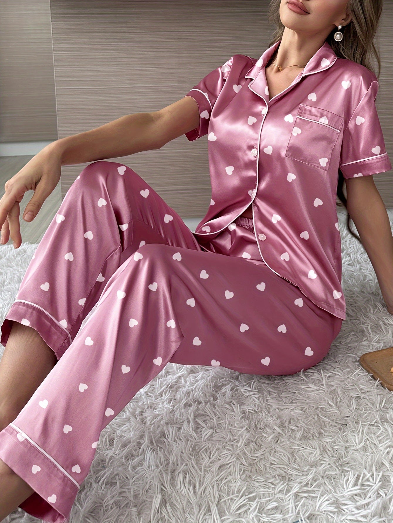 Sophia Heart Print Satin Pajama Set, Casual Short Sleeve Button Up Lapel Collar Top &  comfortable, Women's Sleepwear & Loungewear .