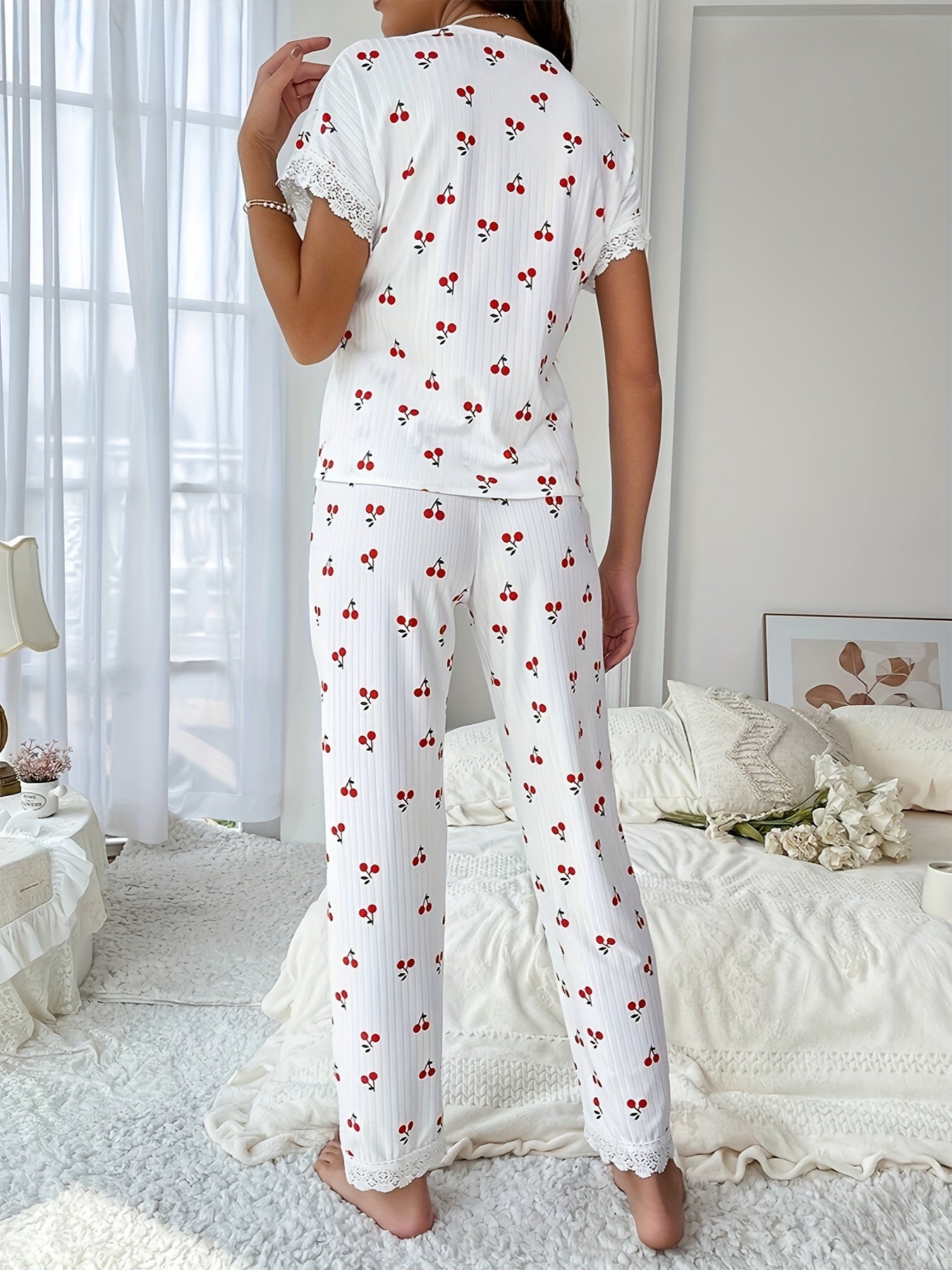 Luna  Women's Pajama Set with Lace Trim - V-Neck, Short & Long Sleeve, Cherry Print , Machine Washable, Cross, Home Wear , sleepwear .