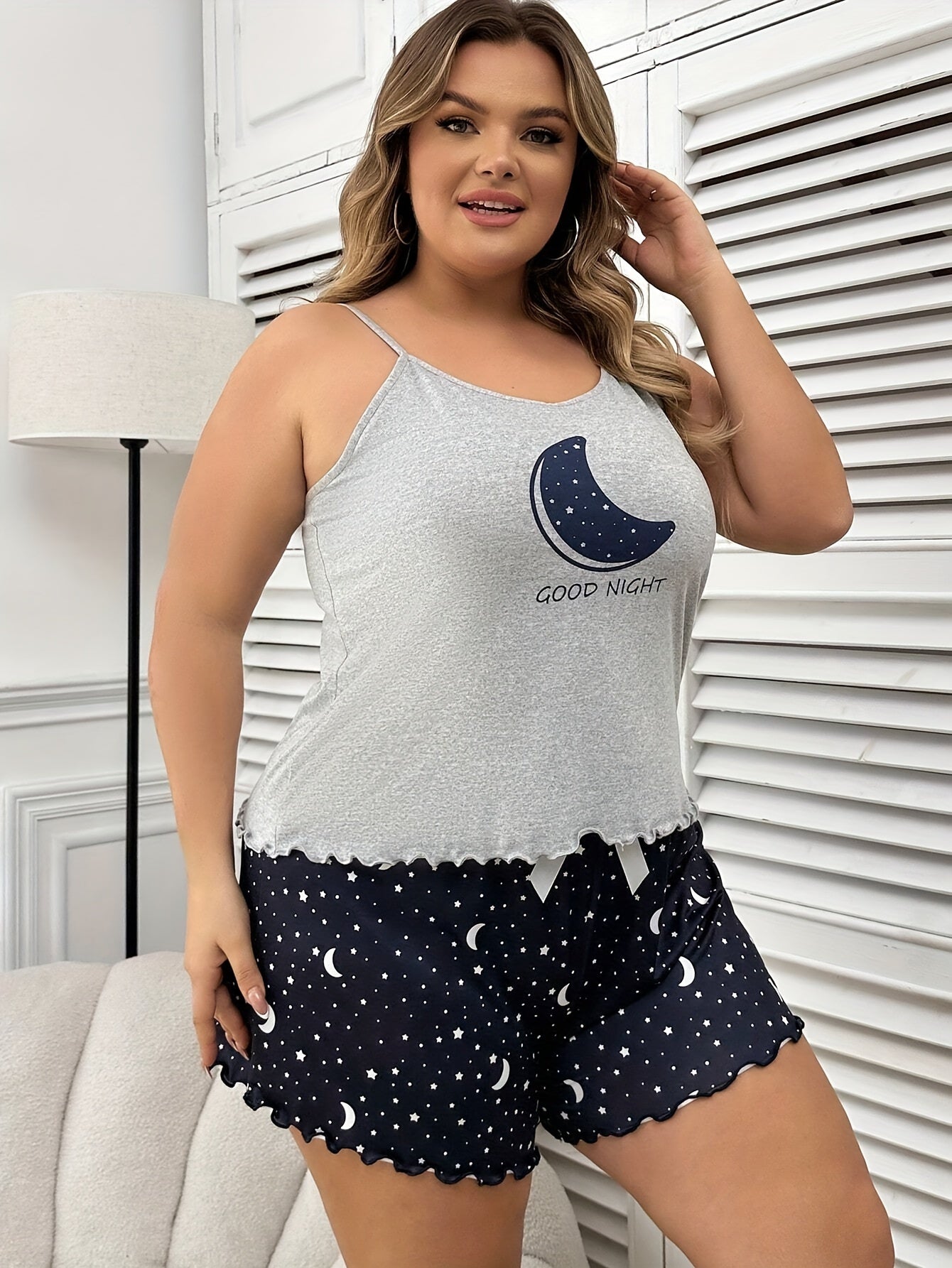 Ladies Plus Casual Pajama Set, Plus Size Star Moon Print , comfey ,sexy , sleepwear .