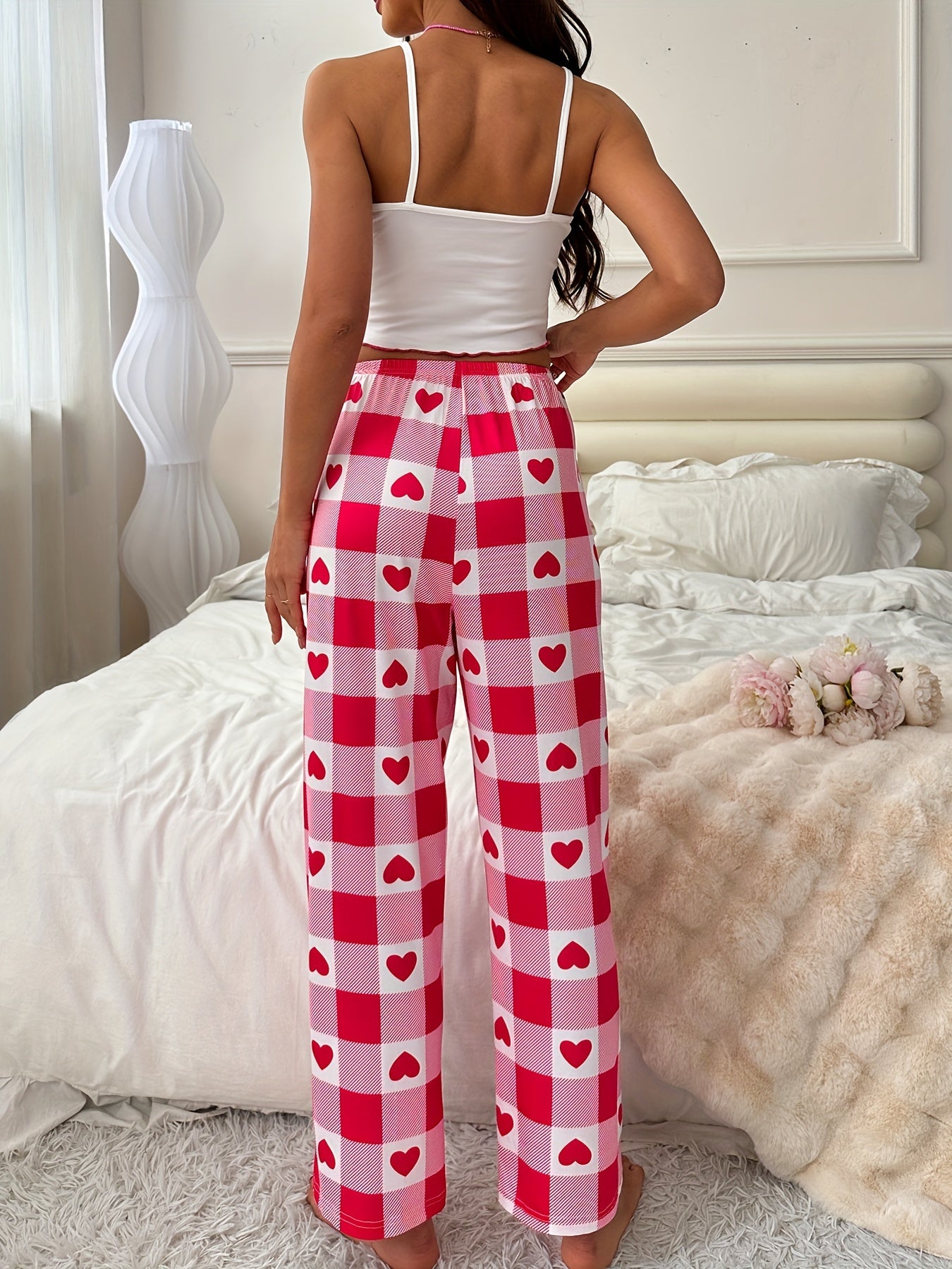 Ladies fashion pyjamas  & Elastic Pants - Heart & Checkered Print Frill Trim Pajama Set - Women's Sleepwear , comfey , nightwear .