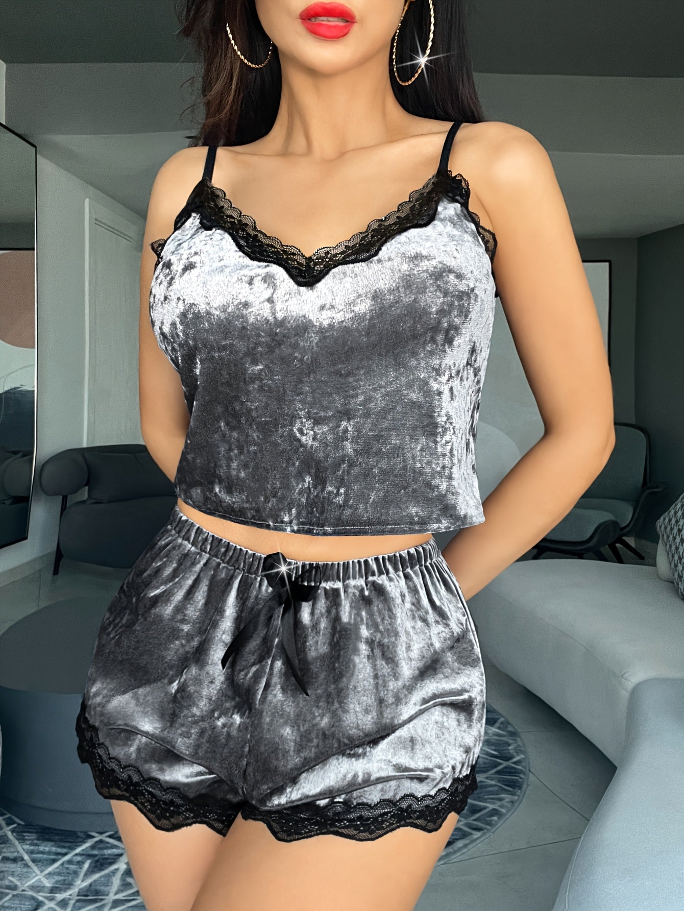 Charlotte  Velvet Pajama Set, V-Neck Cami Top with Contrast Lace Detail & Elastic Waist Shorts, , All-Season Sleepwear & Loungewear , sexy and comfey . nightwear .