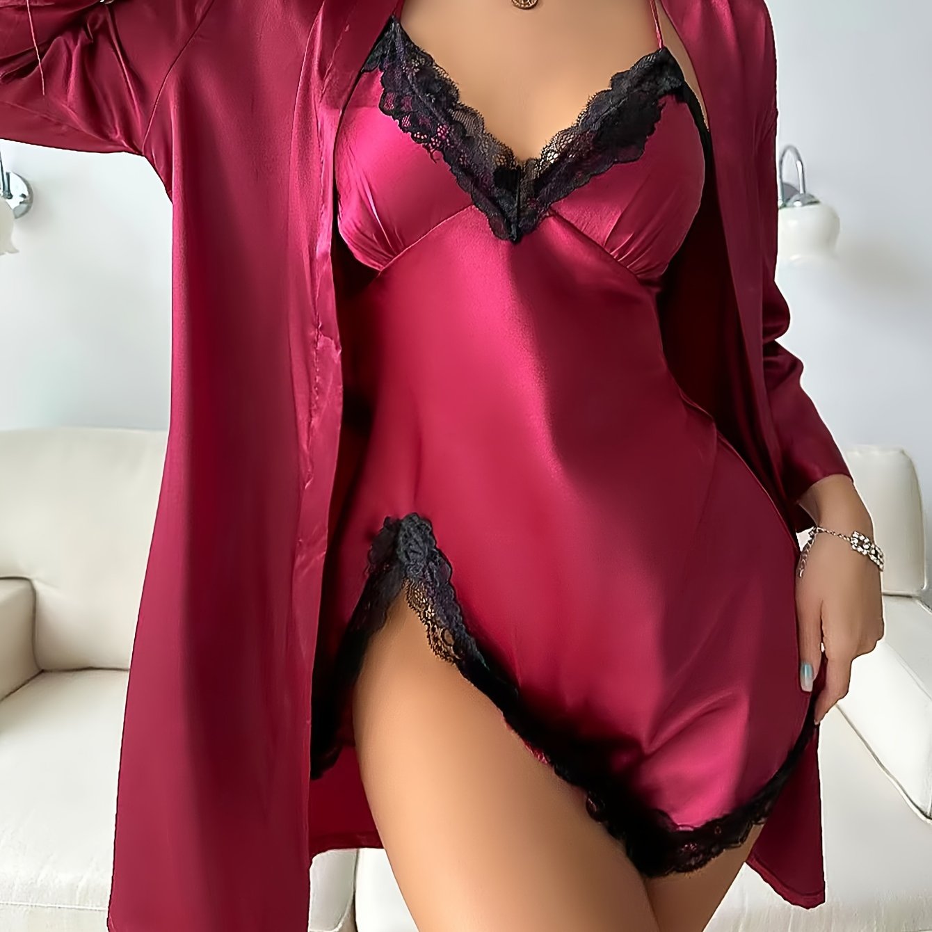 Sexy Sleep Set: Chic Belted Robe & V-Neck Dress, Breathable All-Season Women’s Loungewear , fashion , sexy .