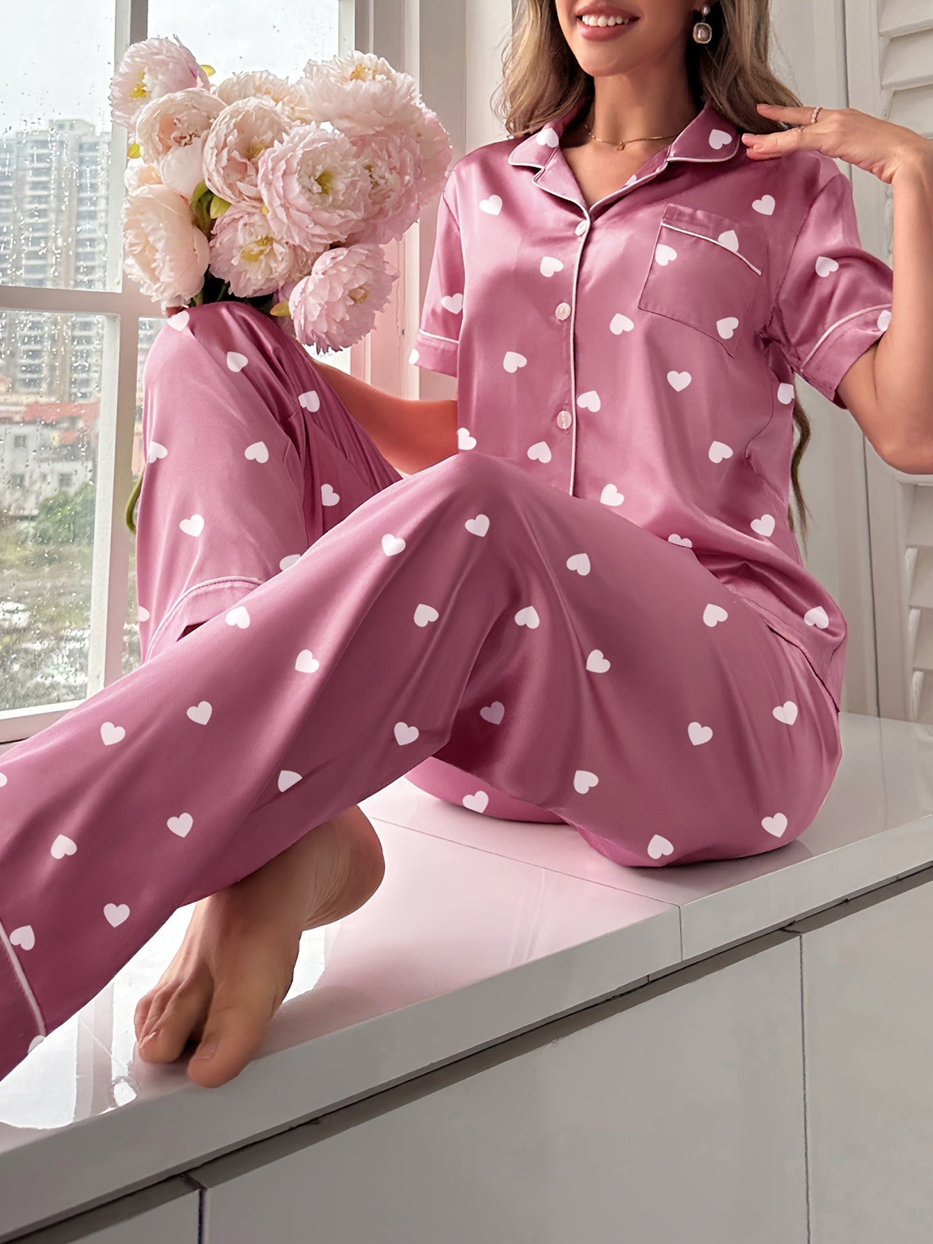 Sophia Heart Print Satin Pajama Set, Casual Short Sleeve Button Up Lapel Collar Top &  comfortable, Women's Sleepwear & Loungewear .