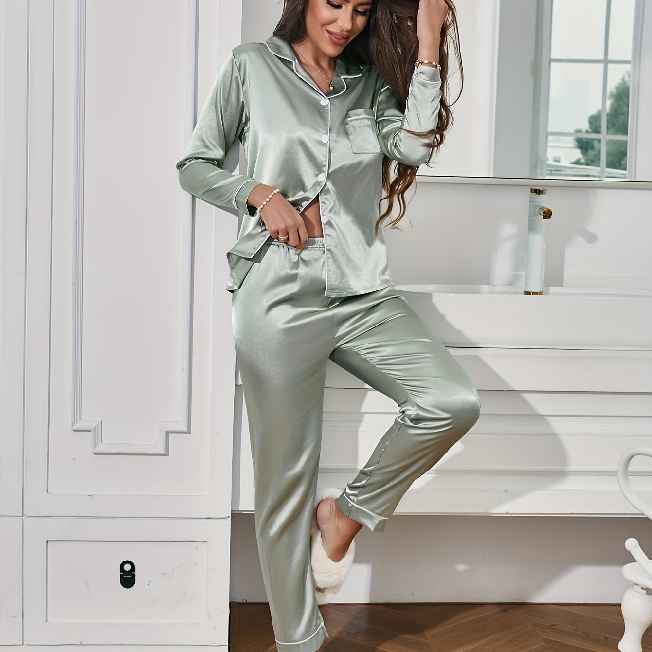 New style Pajama Set, Long Sleeve Button Up Lapel Top & Pants Pj Set, Women's Sleepwear & Loungewear ,very fashion and comfortable .