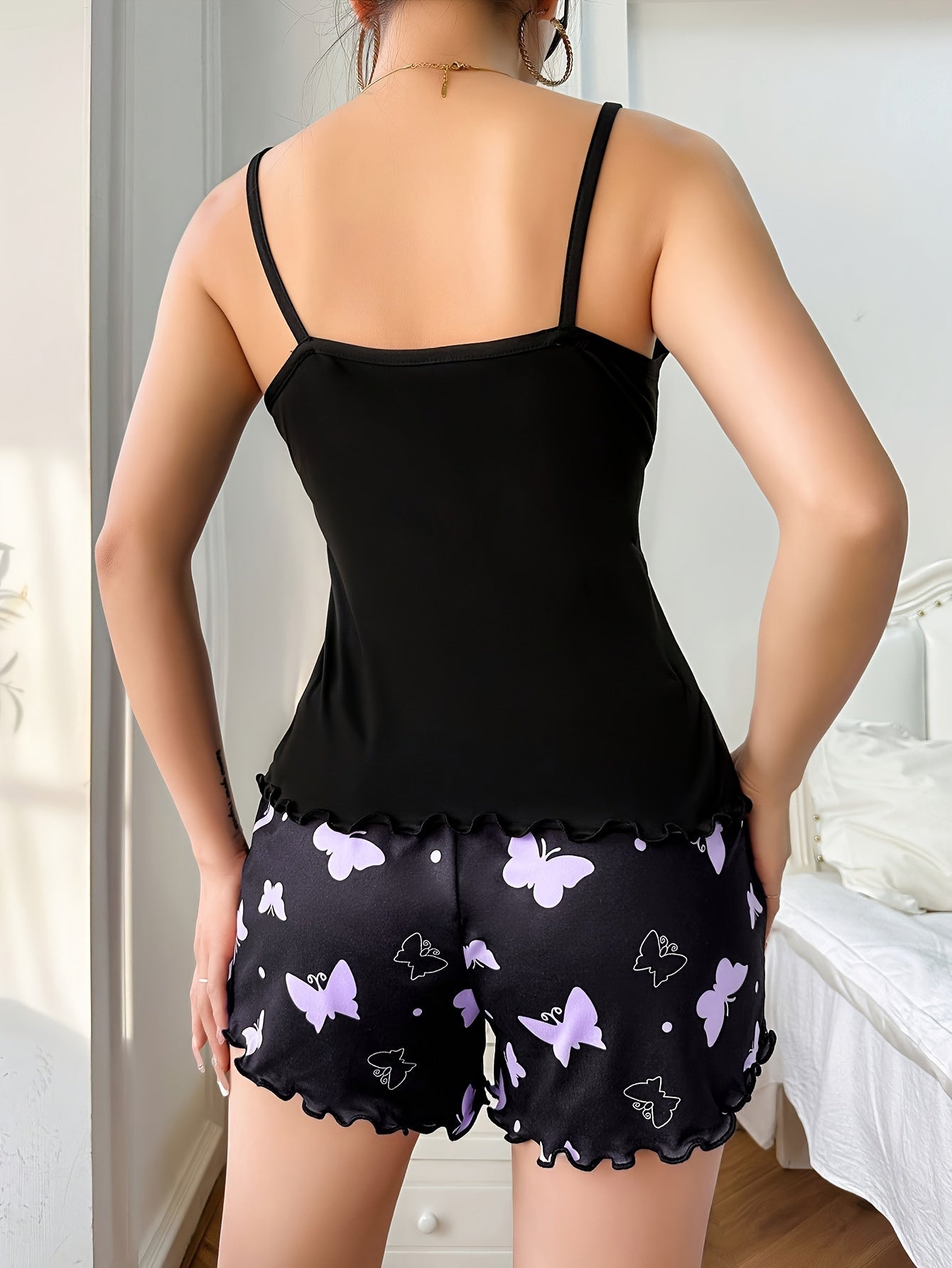 Ladies  Heart & Butterfly Print Frill Trim Casual Pajama Set, , Comfortable Relaxed Fit & fashion & sexy .