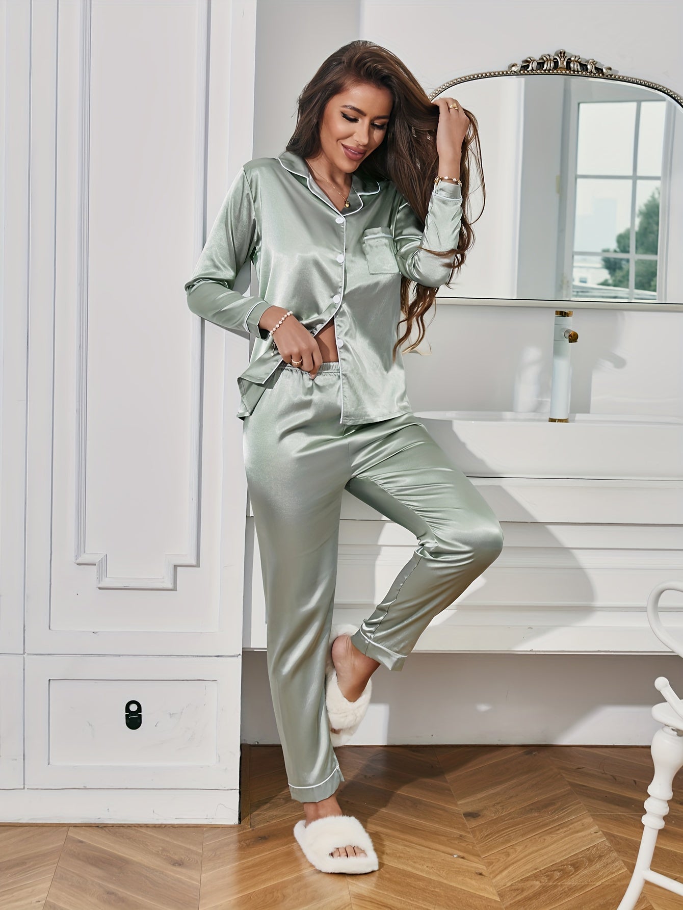 New style Pajama Set, Long Sleeve Button Up Lapel Top & Pants Pj Set, Women's Sleepwear & Loungewear ,very fashion and comfortable .